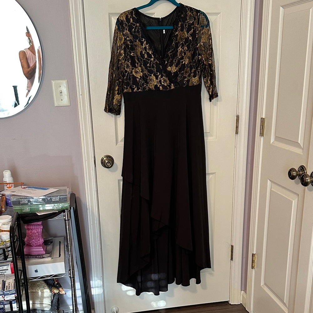 Elegant Black and Gold Lace Evening Dress